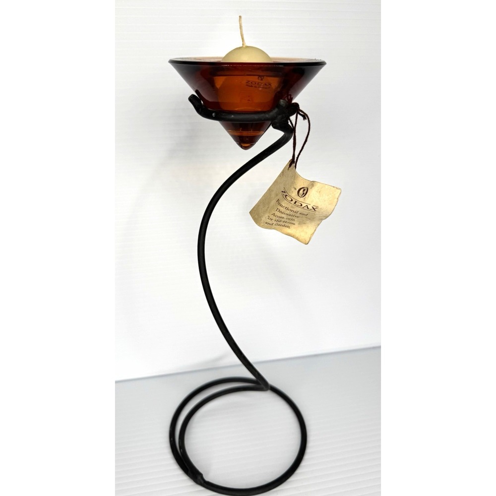 Zodax Amber Glass Candle Holder Black Metal Spiral Stand Portugal